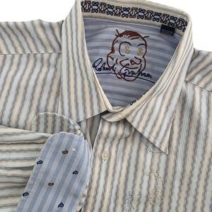 Robert Graham Mens XL Striped Button up Shirt Paisley Embroidered Cotton